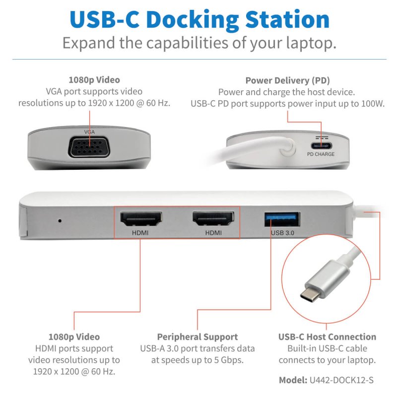 Tripp Lite U442-DOCK12-S USB-C Dock, Triple Display - HDMI, VGA, USB 3.2 Gen 1, USB-A Hub, 100W PD Charging