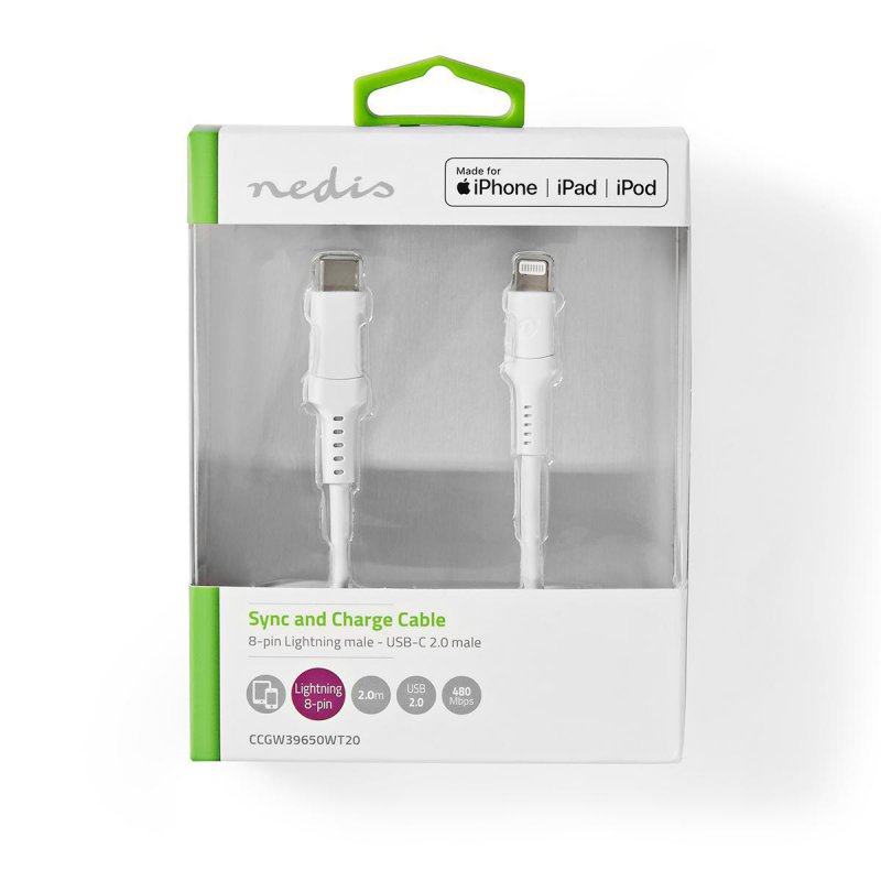 Nedis 2m USB-C Lightning Kabel für iPad, iPhone, iPod, weiß