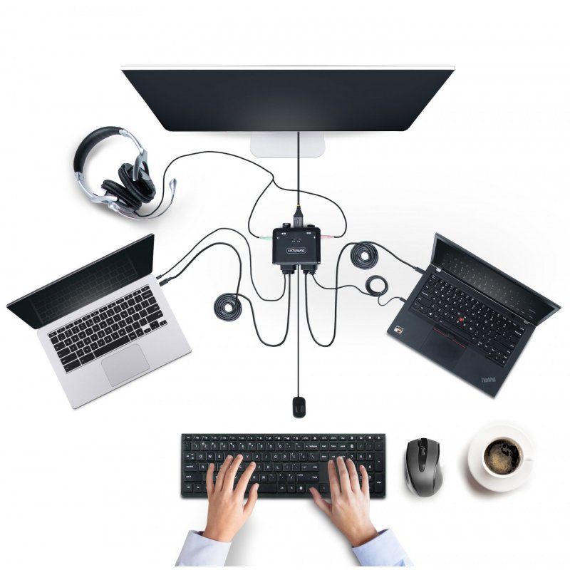 StarTech.com 2-Port USB-C Cable KVM Switch, 4K 60Hz DisplayPort Output, Compact KVM with 4ft/1.2m USB Type-C/Audio Integ