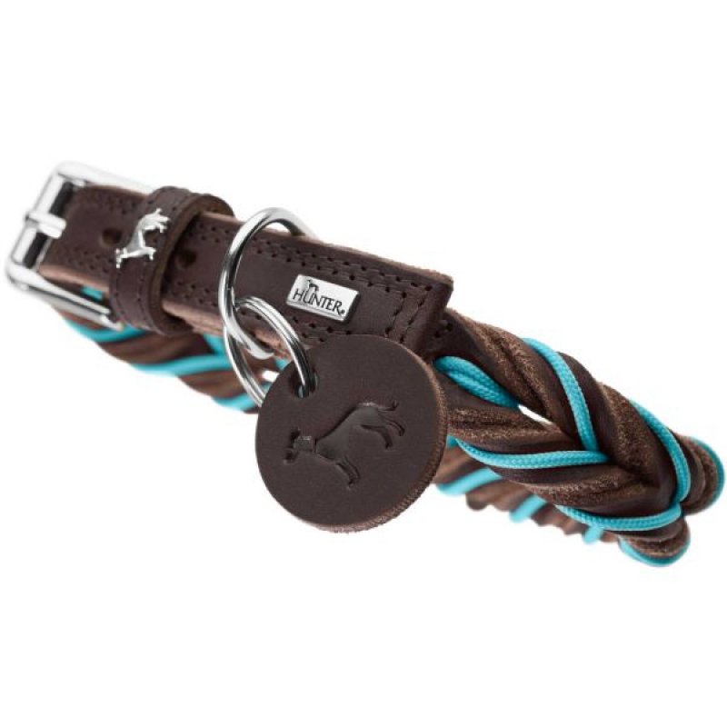 Hunter - Dogcollar Solid Education Cord M-L (60), dark brown/turquoise - (69324)