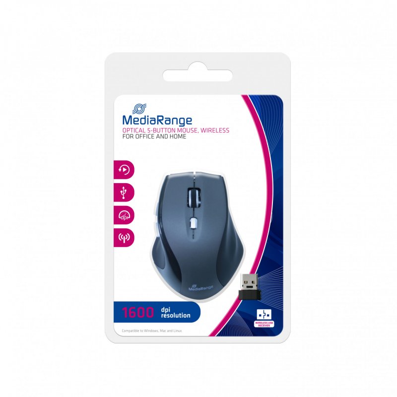 Souris optique sans fil Mediarange MROS203 - 5 boutons - 1600Dpi - Grise