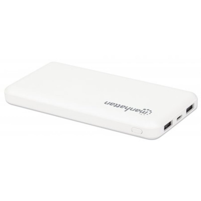 Manhattan Power Bank, 10000 mAh, Output: 2x USB-A (2.1A & 1A), Input: USB-C & Micro-USB (both 2A), White, One Year Warra