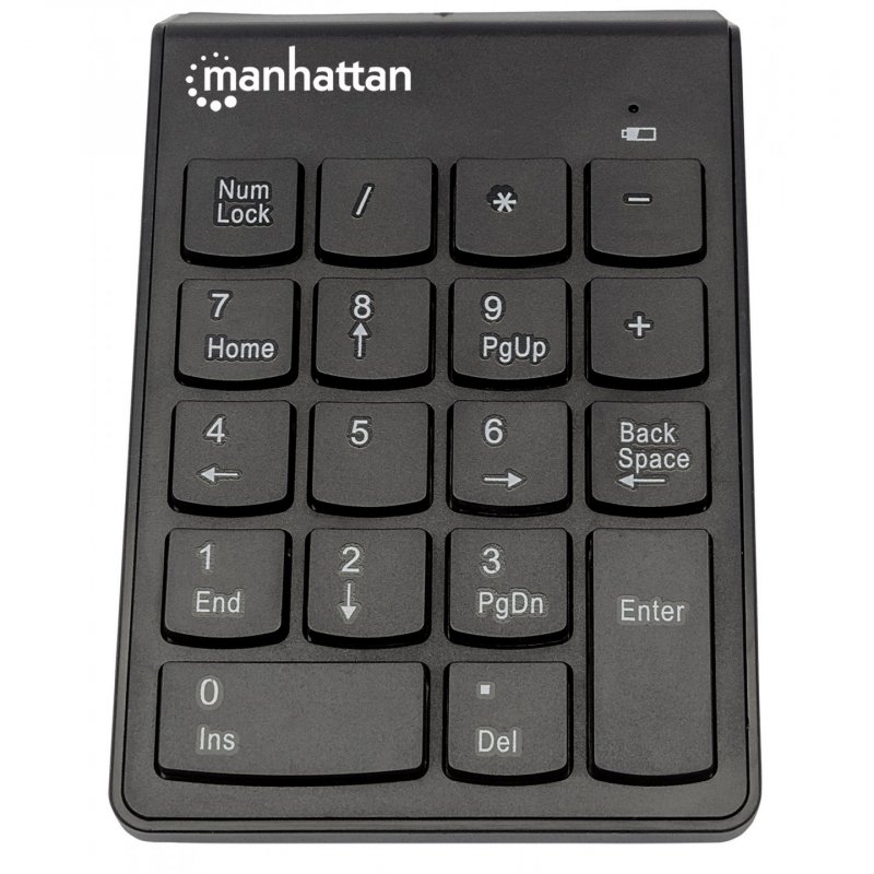 Manhattan Numeric Keypad, Wireless (2.4GHz), USB-A Micro Receiver, 18 Full Size Keys, Black, Membrane Key Switches, Auto