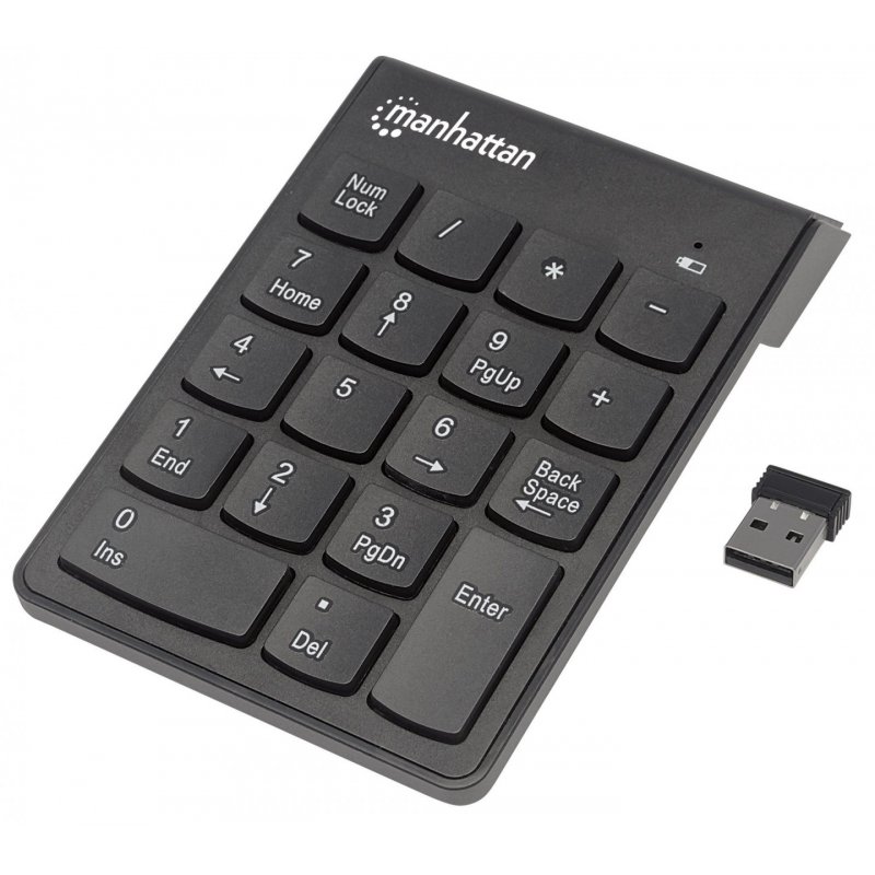 Manhattan Numeric Keypad, Wireless (2.4GHz), USB-A Micro Receiver, 18 Full Size Keys, Black, Membrane Key Switches, Auto