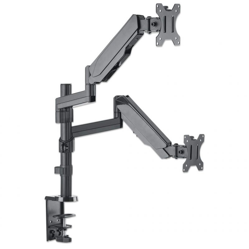 Manhattan TV & Monitor Mount, Desk, Full Motion (Gas Spring), 2 screens, Screen Sizes: 10-27", Black, Clamp or Grommet A