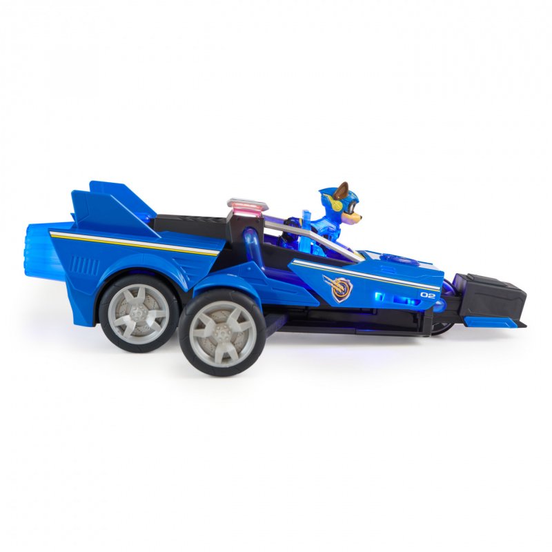 PAW Patrol : The Mighty Movie, Chase’s Mighty Transforming Cruiser with Mighty Pups Action Figure, Lights and Sounds, 