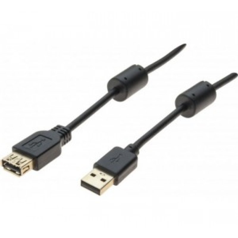 Usb 2.0 a/a extension cord + ferrites + gold black- 5 m