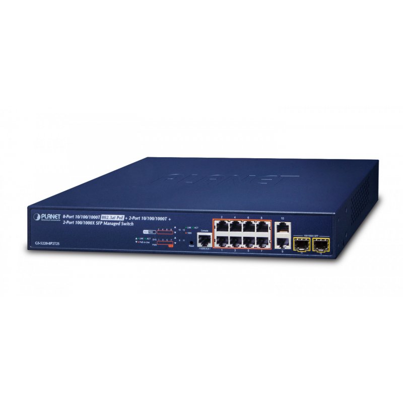PLANET GS-5220-8P2T2S network switch Managed L2+ Gigabit Ethernet (10/100/1000) Power over Ethernet (PoE) 1U Blue