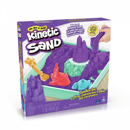 Kinetic Sand , Coffret Bac à sable, 454 g de sable violet, bac à sable, 4 moules et outils, jouets sensoriels pour les