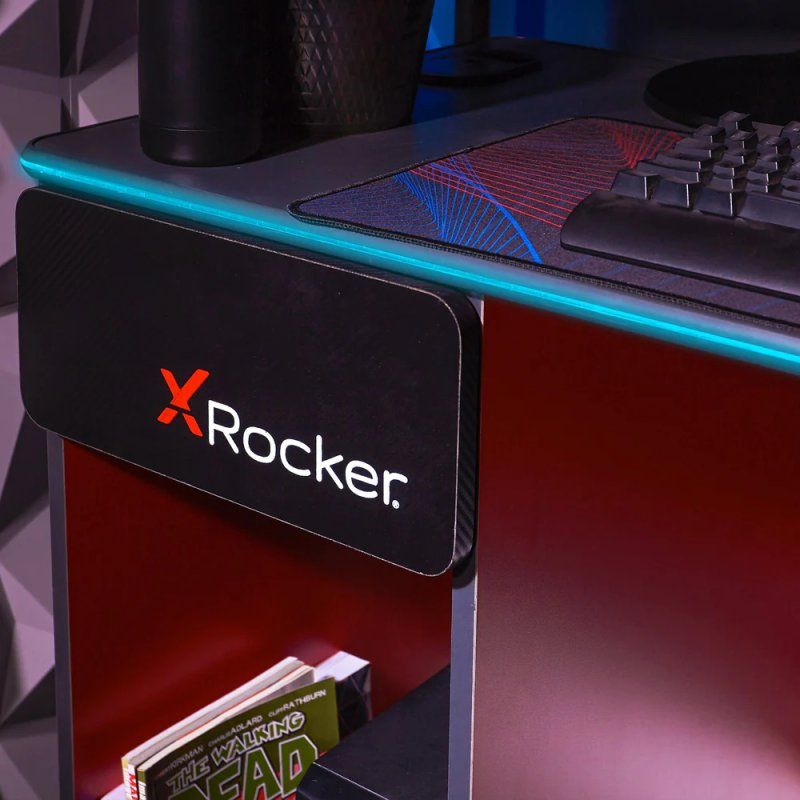 X Rocker - Bureau de jeu Carbon-Tek avec chargeur sans fil et éclairage LED Gris/Rouge