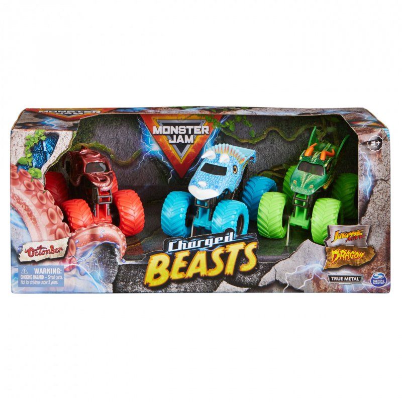 Monster Jam , Coffret Charged Beasts, monster trucks officiels en métal moulé Dragon, Octon8er, Jurassic Attack à