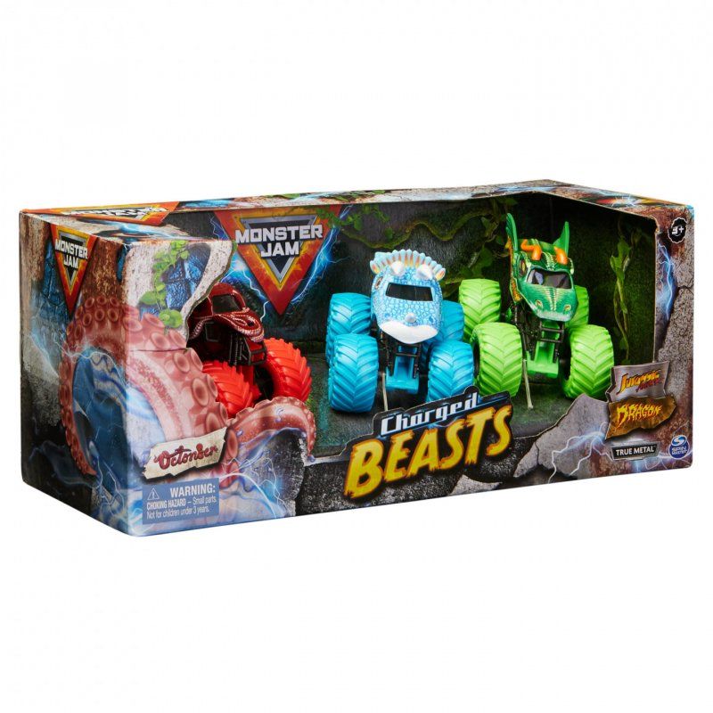 Monster Jam , Coffret Charged Beasts, monster trucks officiels en métal moulé Dragon, Octon8er, Jurassic Attack à