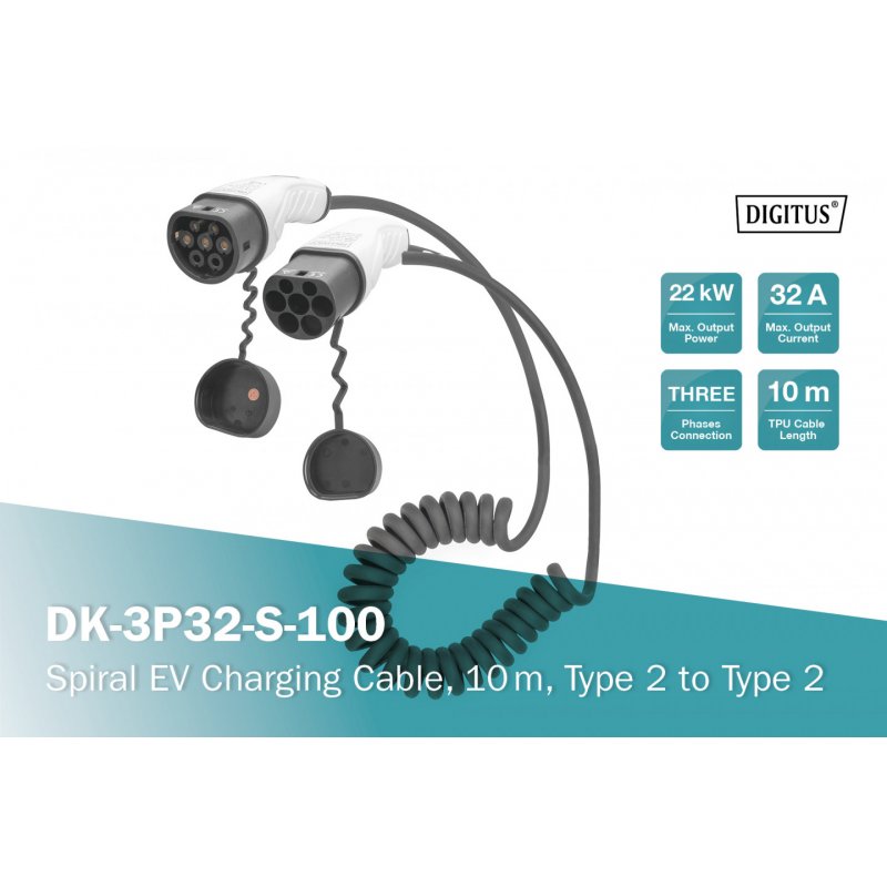 Digitus Spiral EV charging cable, 10 m, type 2 to type 2