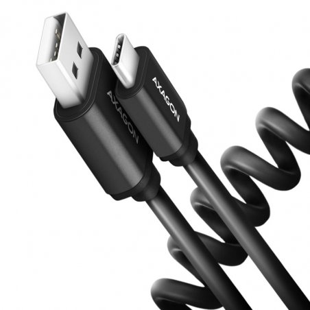 AXAGON BUCM-AM20TB Spiralkabel, USB-C zu USB-A, 1 m, USB 2.0, 2.4 A, ALU, PVC - Schwarz
