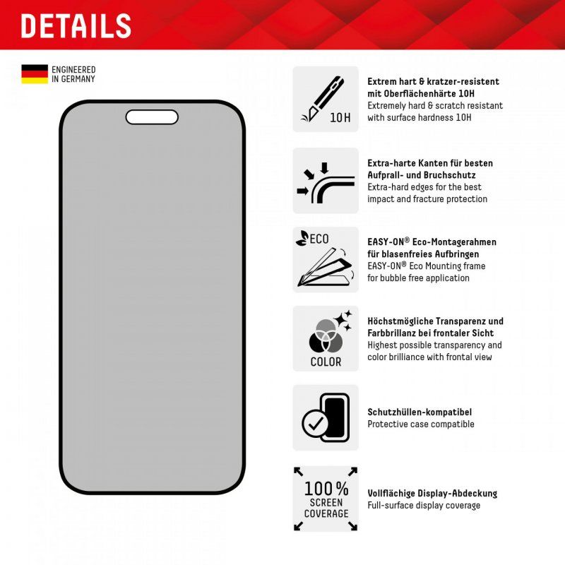 Displex Privacy Screen Protector (10H) for Apple iPhone 15/15 Pro, Eco Mounting Frame, Privacy Filter