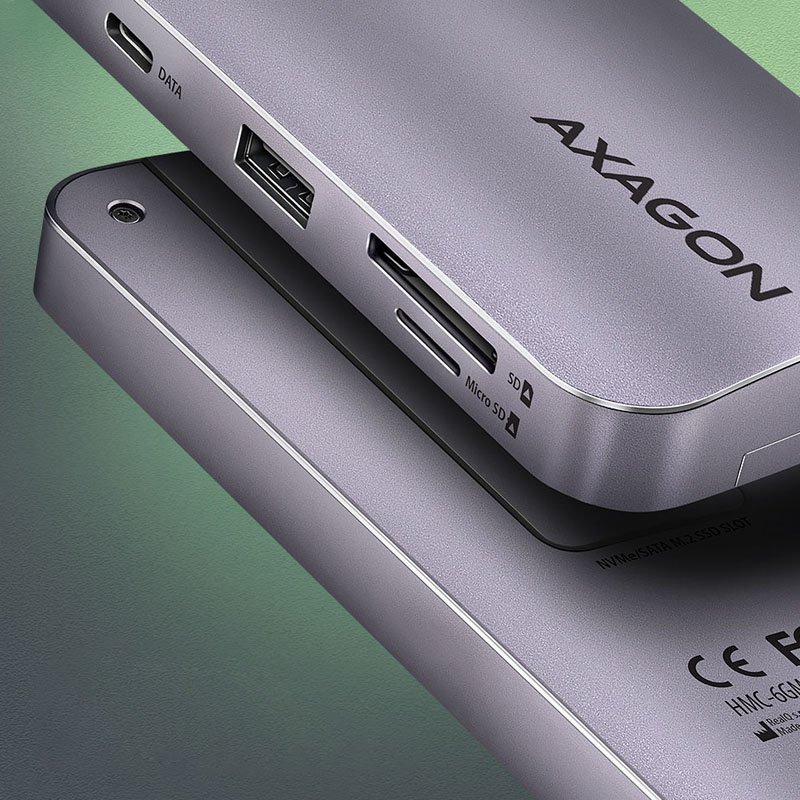 AXAGON HMC-6GM2 Multiport-Hub, USB-C 3.1, M.2-NVMe/SATA, HDMI, Gbit-LAN, 1x USB-A, 1x USB-C, CR