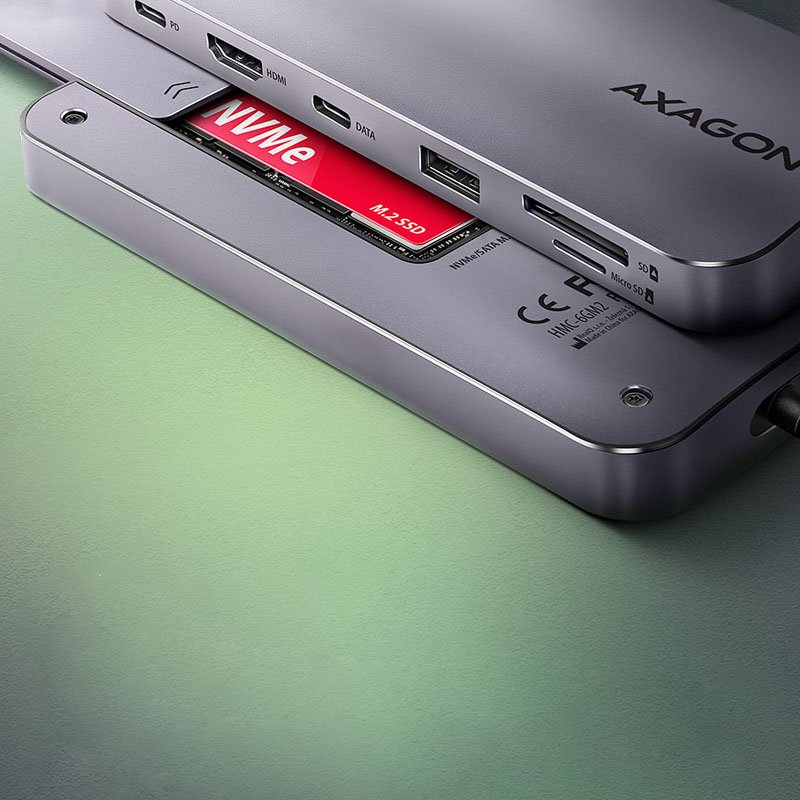 AXAGON HMC-6GM2 Multiport-Hub, USB-C 3.1, M.2-NVMe/SATA, HDMI, Gbit-LAN, 1x USB-A, 1x USB-C, CR