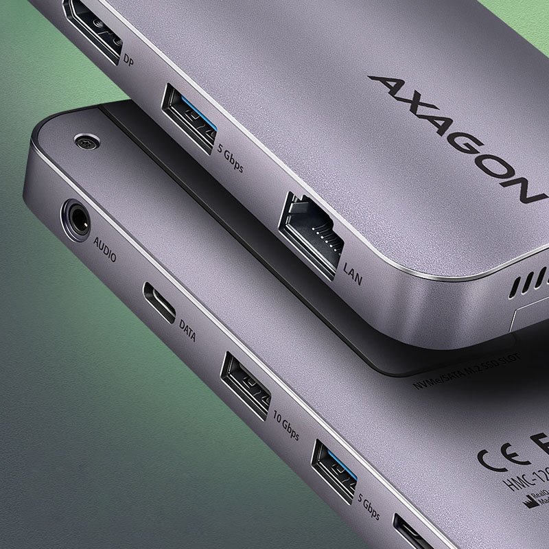 AXAGON HMC-12GM2 Multiport-Hub, USB-C 3.1, M.2-NVMe/SATA, DP HDMI, Gbit-LAN, 3x USB-A, 1x USB-C, C