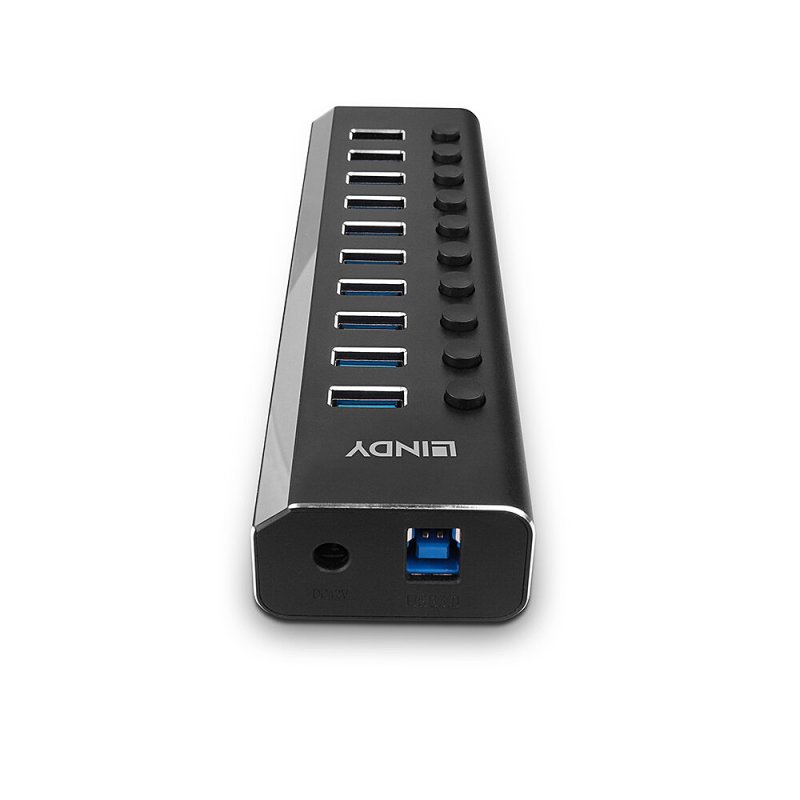Lindy 10 Port USB 3.0 Hub with On/Off Switches USB 3.2 Gen 1 (3.1 Gen 1) Type-B 5000 Mbit/s Black