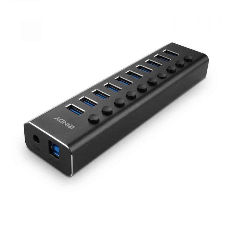 Lindy 10 Port USB 3.0 Hub with On/Off Switches USB 3.2 Gen 1 (3.1 Gen 1) Type-B 5000 Mbit/s Noir
