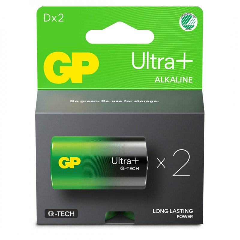 Pack De 2 Piles GP Batteries Ultra Plus Alcaline D - LR20 - G-Tech - Carton FSC