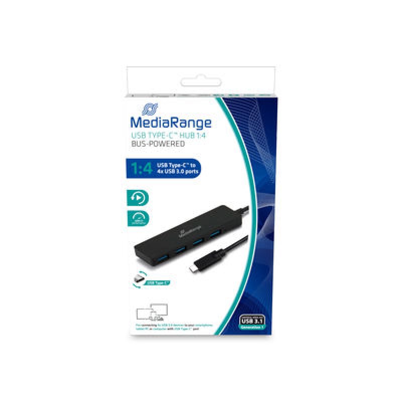 Hub Mediarange MRCS508 - 1xUSB-C vers 4xUSB3.0 - Plug and Play - Noir