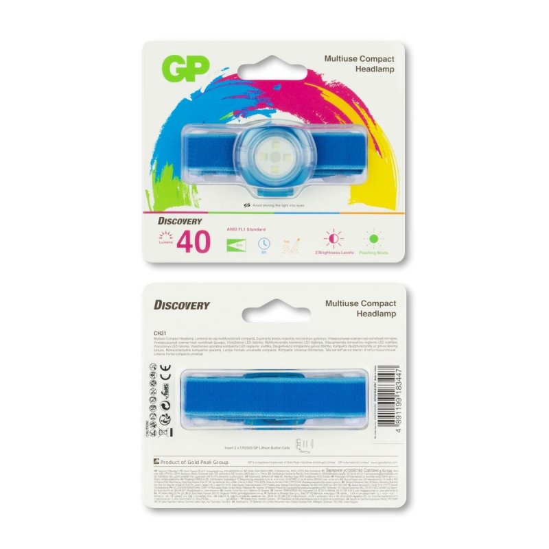 Lampe Frontale GP Everybody CH31 - adultes et enfants - 3 modes - SOS - 40 Lumens - Piles 2x CR2025