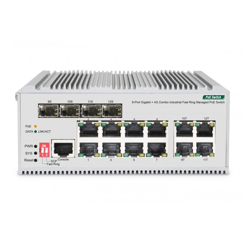Digitus Commutateur PoE réseau Gigabit Ethernet 8 ports, industriel, L2 géré, 4 SFP en liaison montante