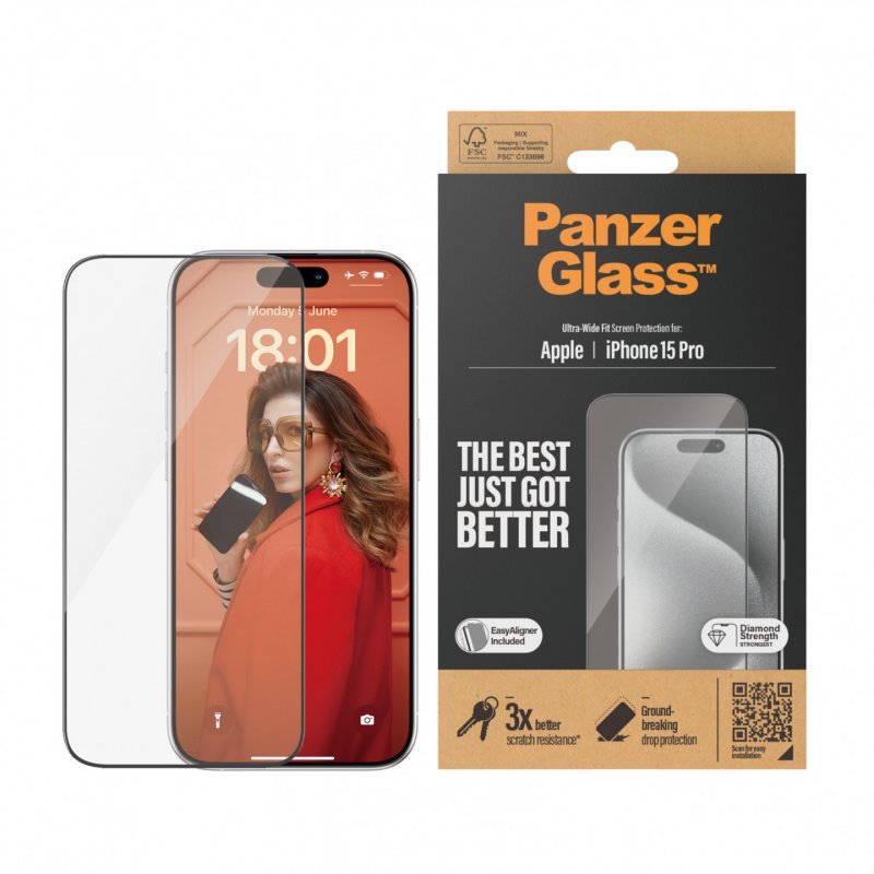 PanzerGlass ™ Screen Protector iPhone 15 Pro | Ultra-Wide Fit w. EasyAligner