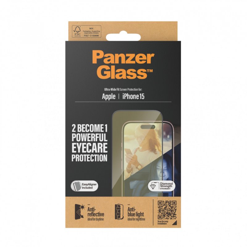 PanzerGlass ™ Eyecare Screen Protection iPhone 15 | Ultra-Wide Fit w. EasyAligner