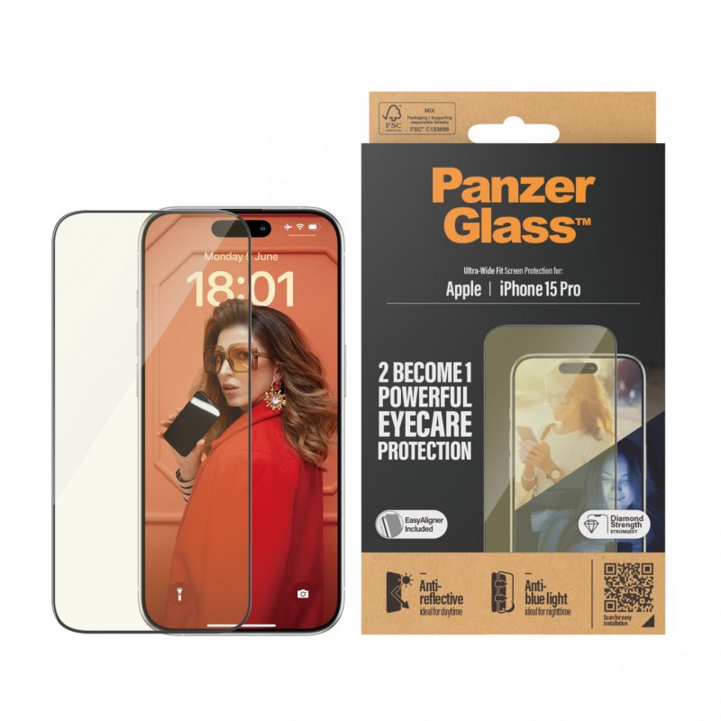 PanzerGlass ™ Eyecare Screen Protection iPhone 15 Pro | Ultra-Wide Fit w. EasyAligner