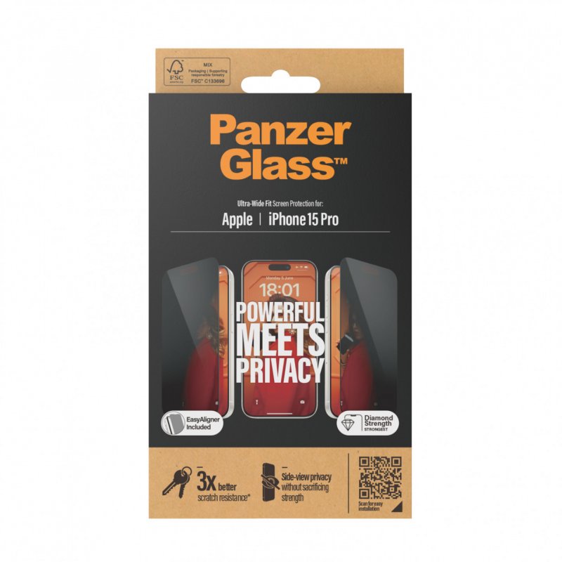 PanzerGlass™ Privacy Displayschutz iPhone 15 Pro Ultra-Wide Fit m. EasyAligner