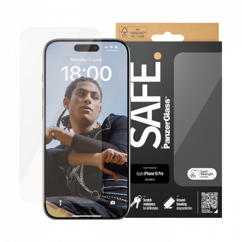 PanzerGlass SAFE. by ™ Screen Protector iPhone 15 Pro | Ultra-Wide Fit