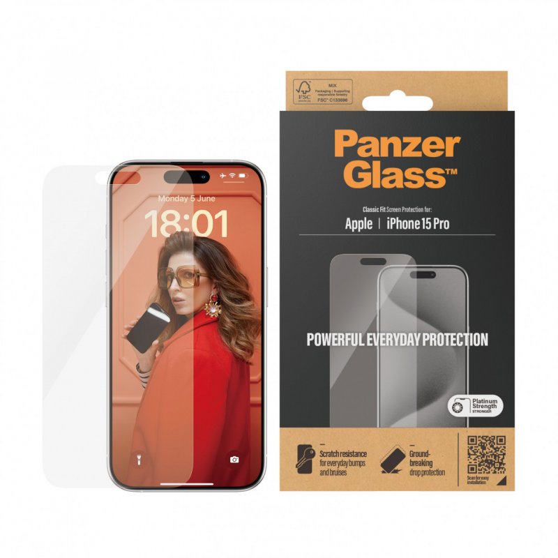 PanzerGlass Screen Protector iPhone 15 Pro, Classic Fit