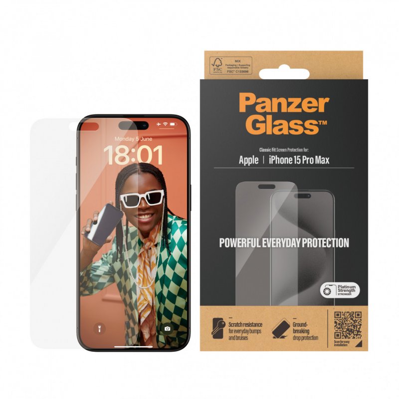 PanzerGlass Screen Protector iPhone 15 Pro Max, Classic Fit
