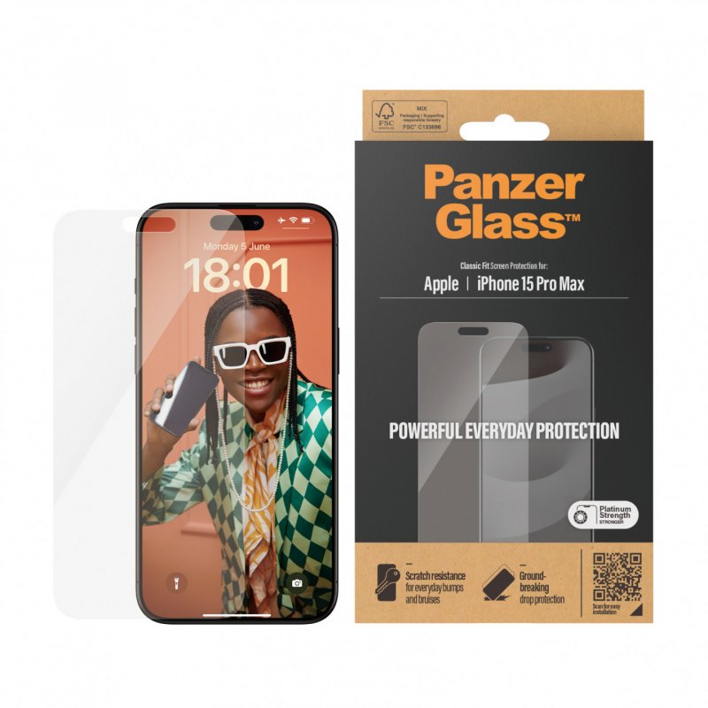 PanzerGlass Screen Protector iPhone 15 Pro Max, Classic Fit