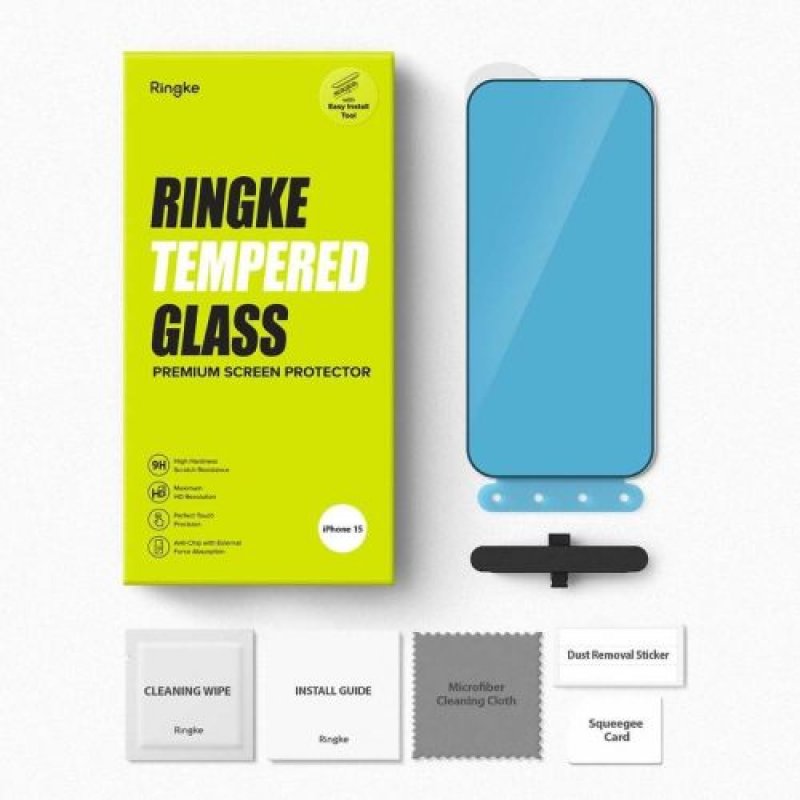 Ringke iPhone 15 Screen Protector Premium Tempered Glass 9H with installation jig Transparent
