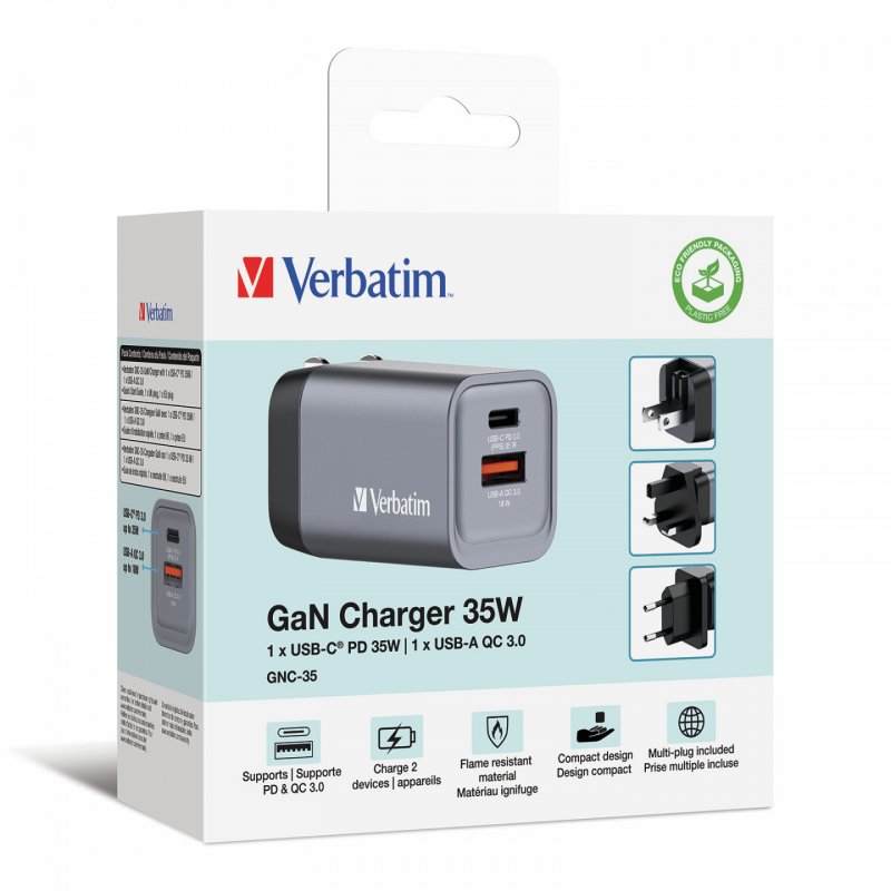 Chargeur secteur Verbatim GNC 1x port USB-A 1x port USB-C 35W (Noir)