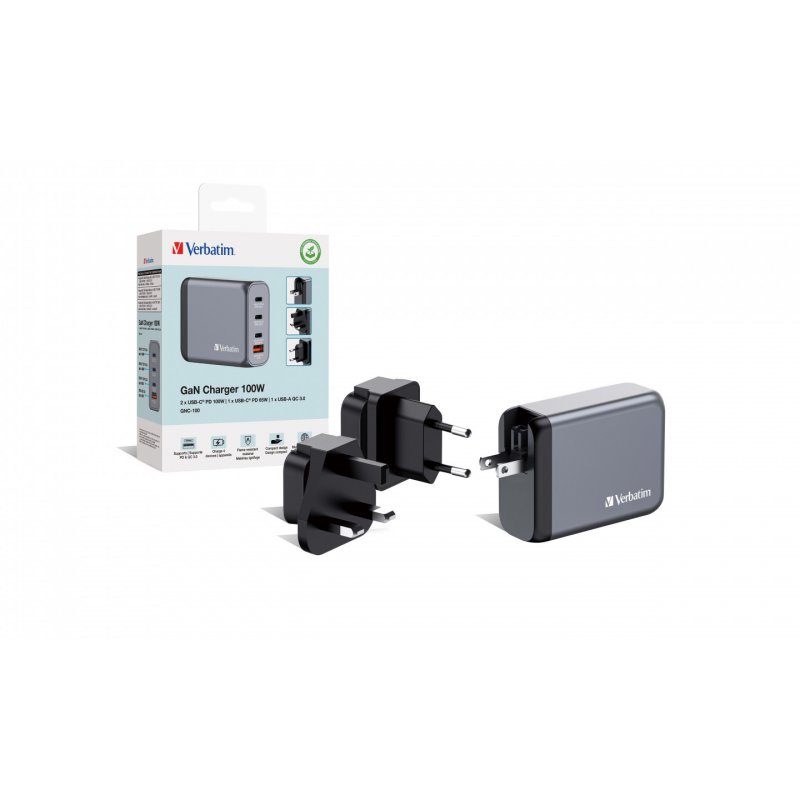 Verbatim GNC-100 GaN Charger 100W with 2 x USB-C PD 100W / 1 x USB-C PD 65W / 1 x USB-A QC 3.0 (EU/UK/US)