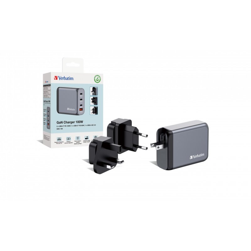 Verbatim GNC-100 GaN Charger 100W with 2 x USB-C PD 100W / 1 x USB-C PD 65W / 1 x USB-A QC 3.0 (EU/UK/US)