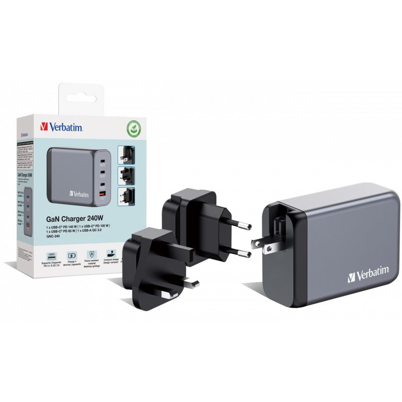 Verbatim GNC-240 GaN Charger 240W with 1 x USB-C 140W /1 x USB-C 100W / 1 x USB-C 65W / 1 x USB-A QC 3.0 (EU/UK/US)