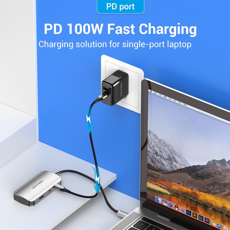 USB-C to USB-C Docking Station, 3x USB3.0, PD 0.15m Vention TNDHB, gray