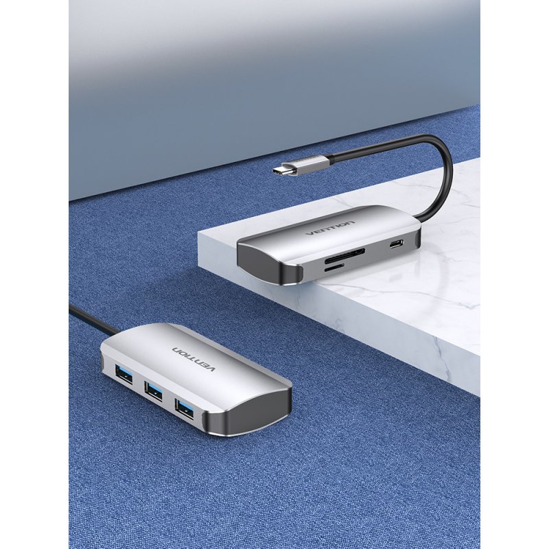 USB-C to 3x USB3.0 Docking Station, SD, TF, PD 0.15m Vention TNHHB, gray