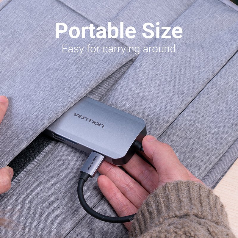 Vention USB-C to USB3.0x3/SD/TF/PD Hub 0.15M Gray Aluminum Alloy Type