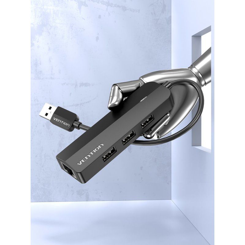 Vention 3-Port USB 2.0 Hub with 100M Ethernet Adapter 0.15M Black