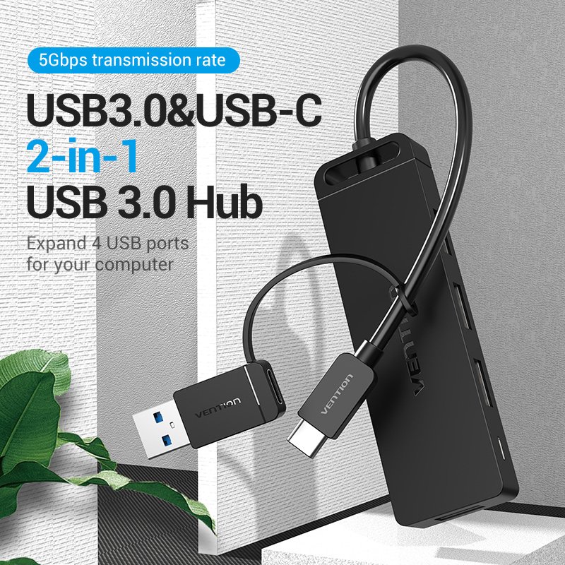 USB 3.0 4-Port Hub with USB-C and USB 3.0 2-in-1 Interface and Power Adapter Vention CHTBB 0.15m