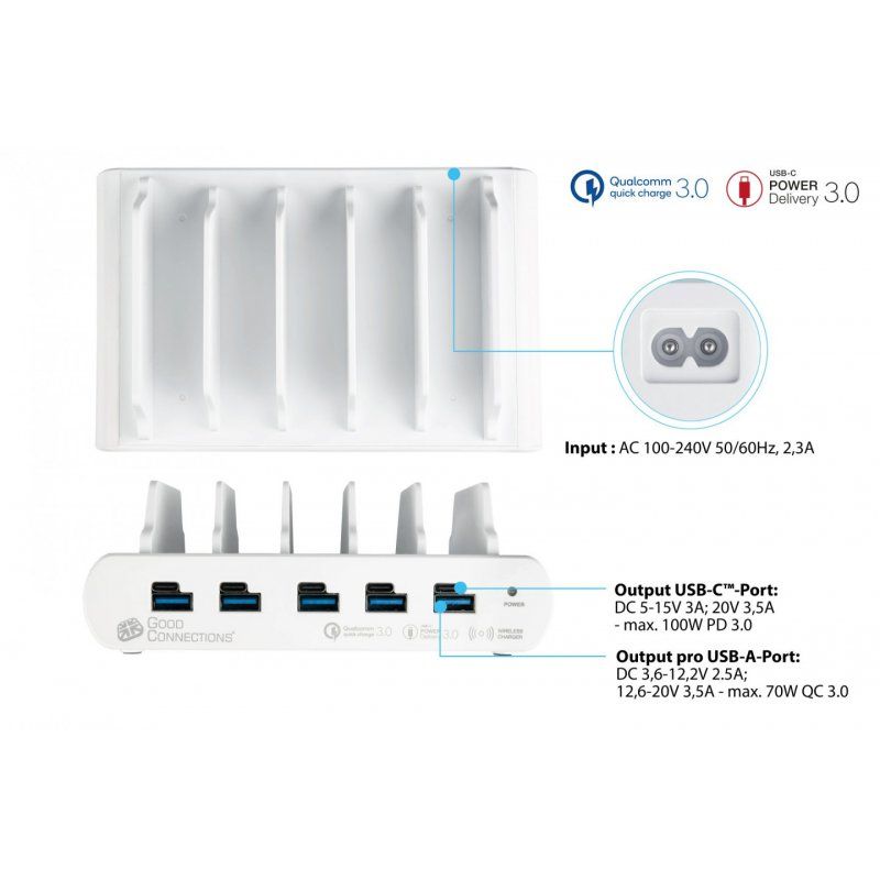 USB-Schnellladestation 110 Watt, 10-Port (weiß, PD 3.0, QC 3.0, USB-C, USB-A)