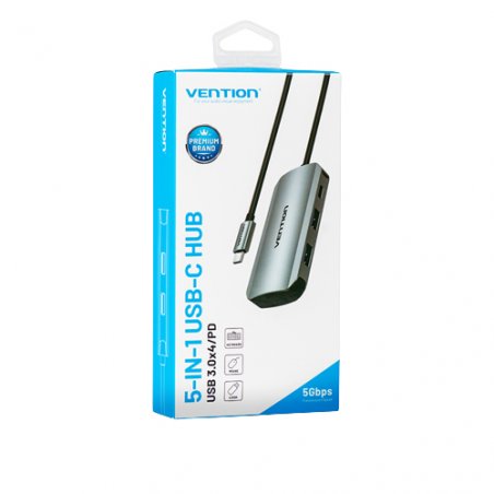 Vention USB-C to USB3.0x4/PD Hub 0.15M Gray Aluminum Alloy Type