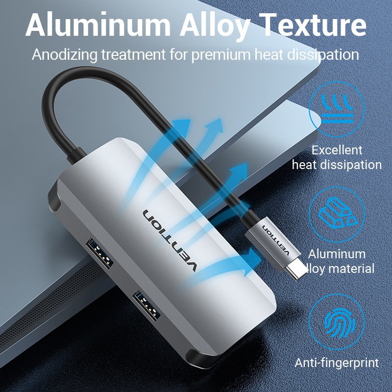 Vention USB-C to USB3.0x4/PD Hub 0.15M Gray Aluminum Alloy Type