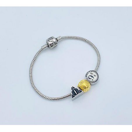 Harry Potter - Bracelet à breloques Charms argenté avec les reliques de la mort, Vif d'or et Voie 9 3/4 - 17cm